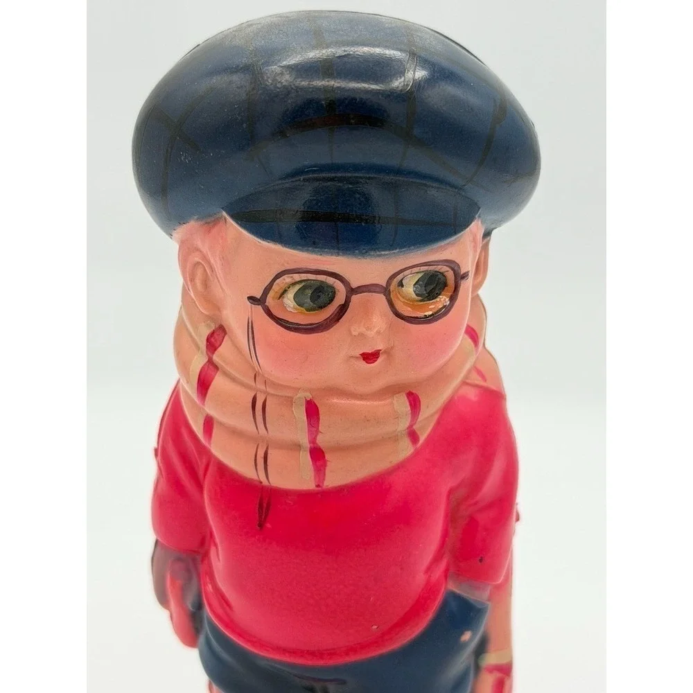 Vintage Rubber Squeeze Toy Boy w Glasses Hat Figure 5
